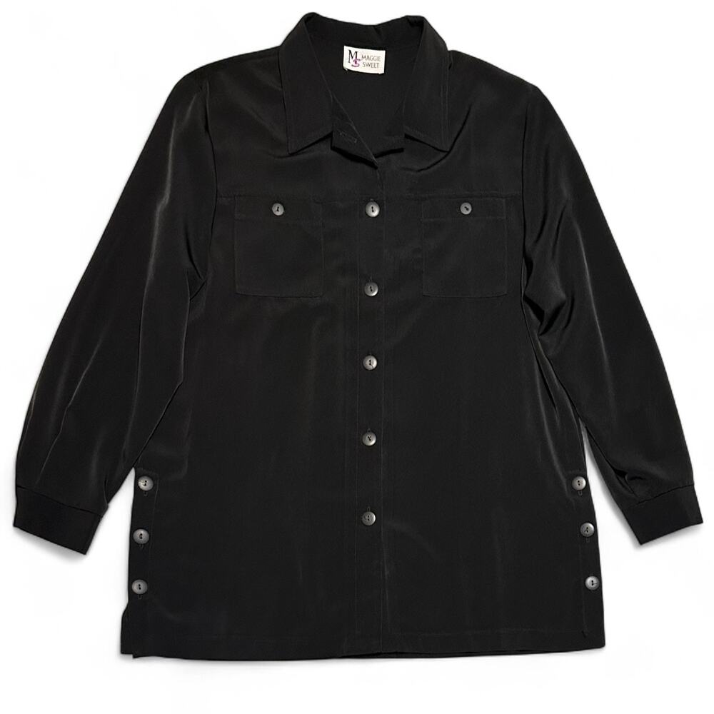 Vintage 90s Maggie Sweet Black Sheen Button Up Shirt XL Boho Casual Long Sleeve